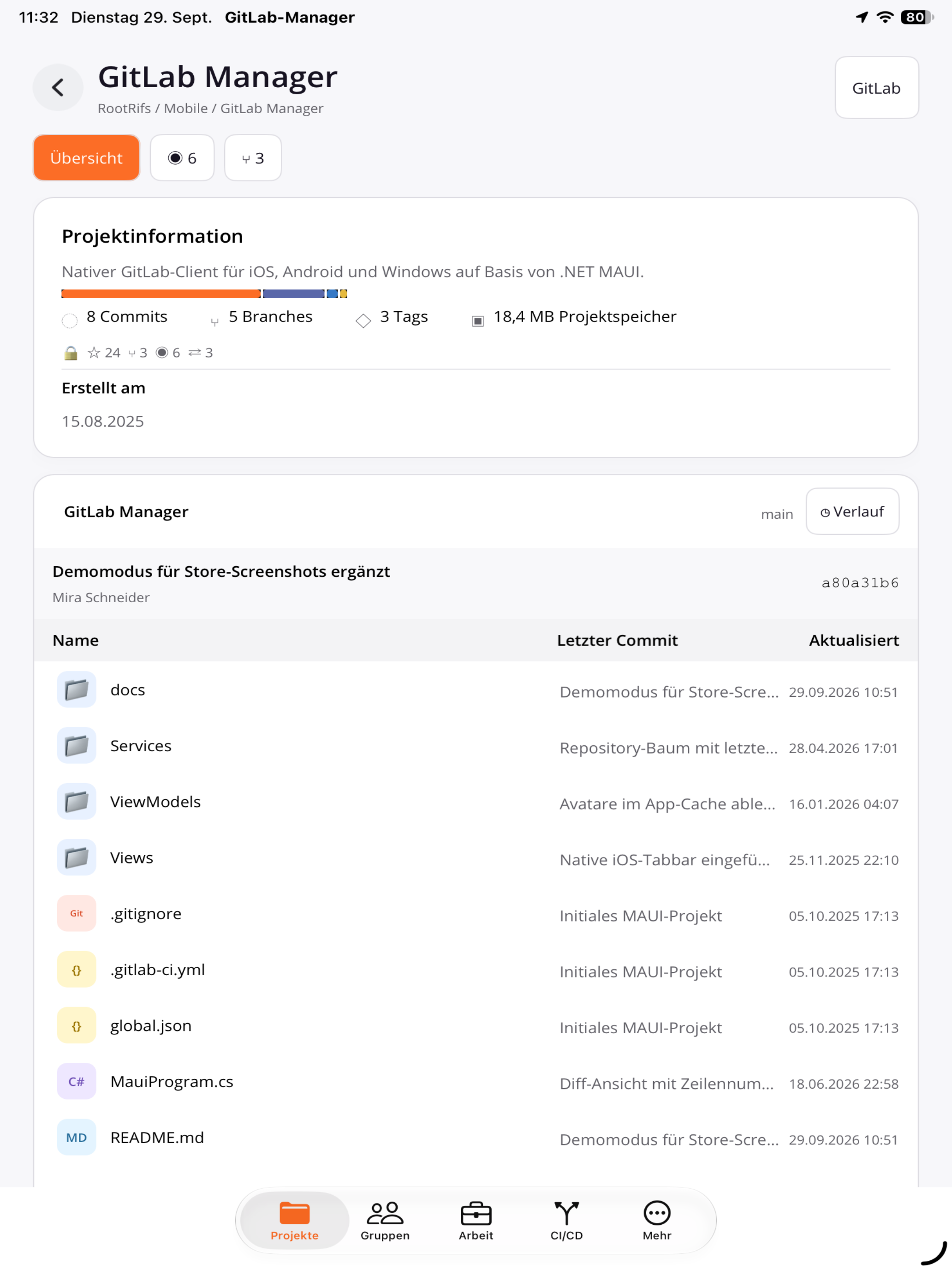 Projektdetails und Repository-Dateien auf dem Tablet