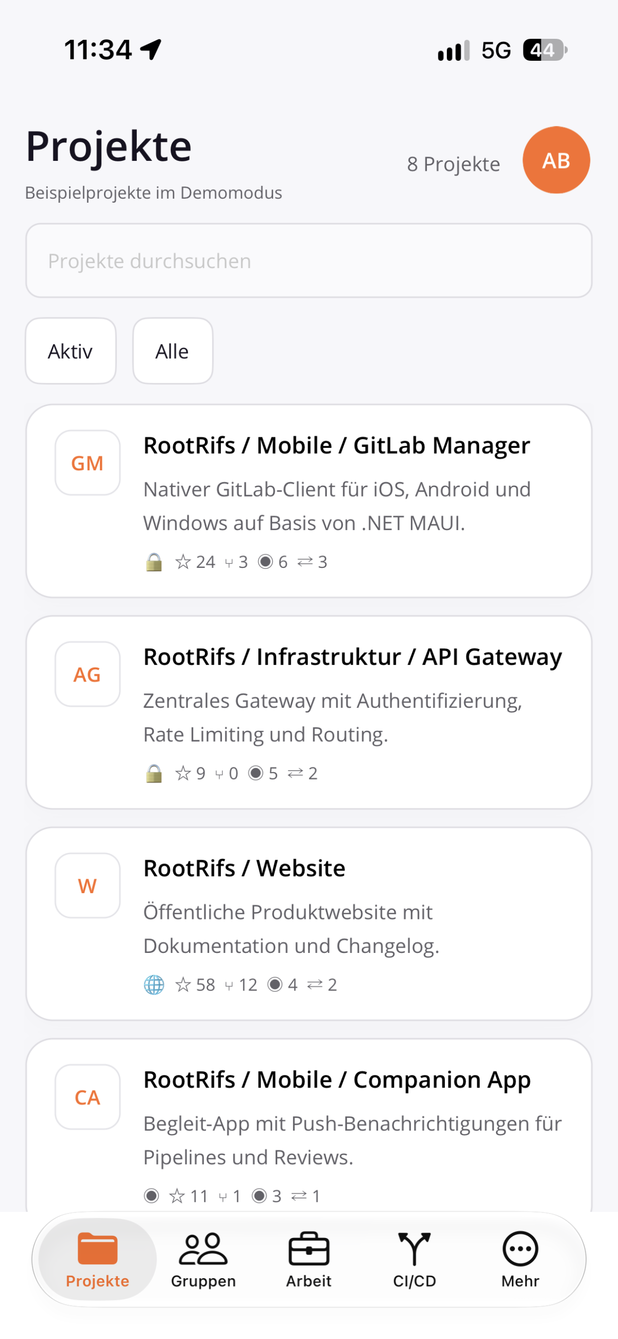 Projektübersicht der RootRifs for GitLab App auf einem iPhone