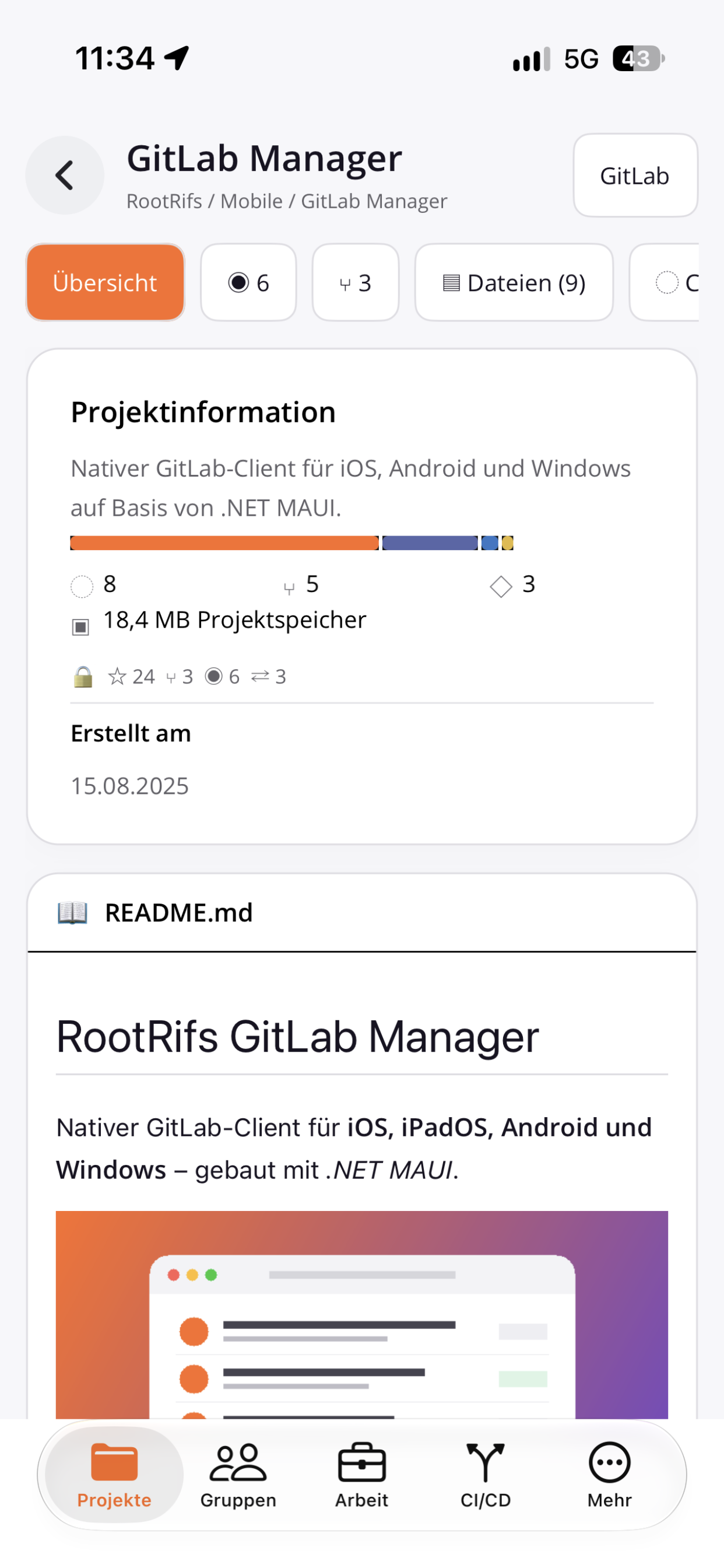 Projektdetails mit Übersicht und README auf dem Smartphone