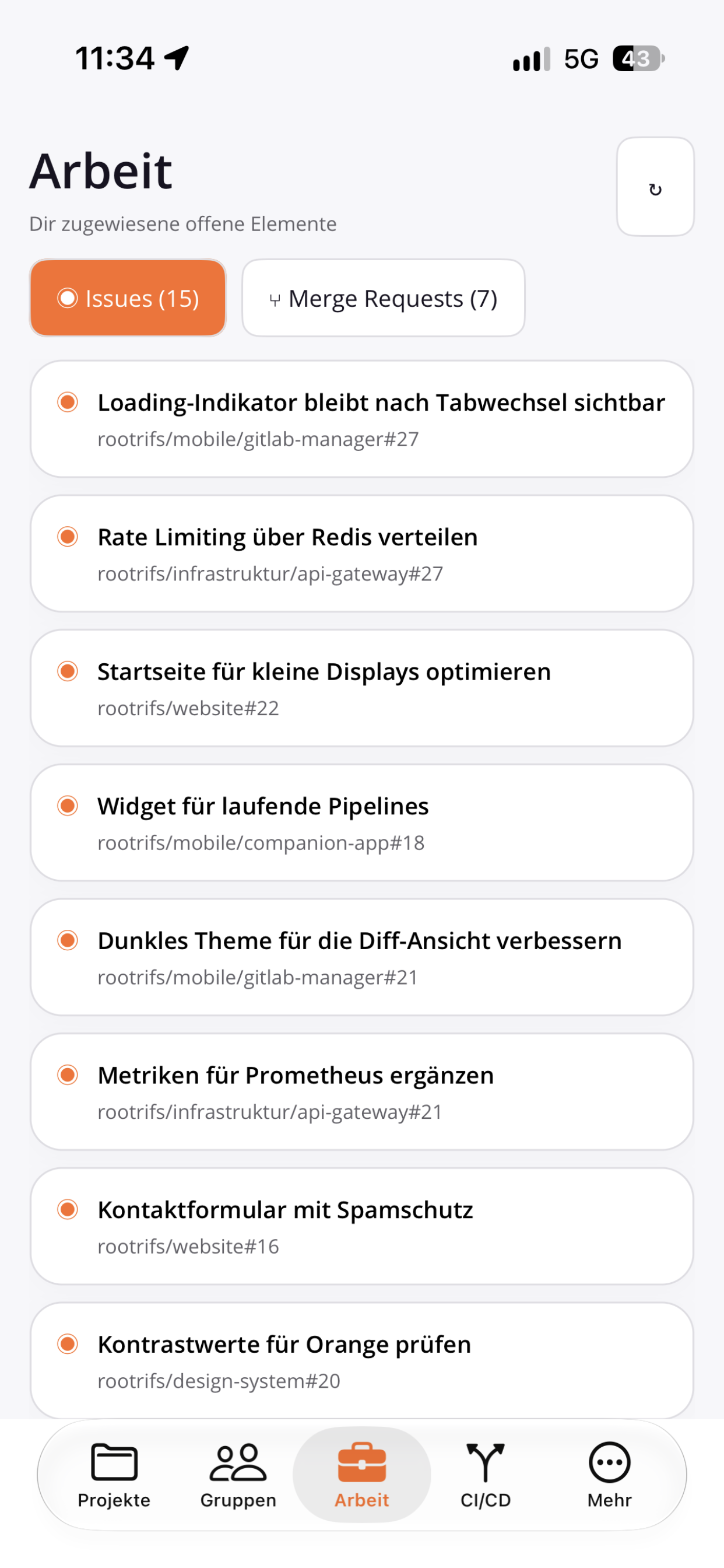Zugewiesene Issues im Bereich Arbeit auf dem Smartphone