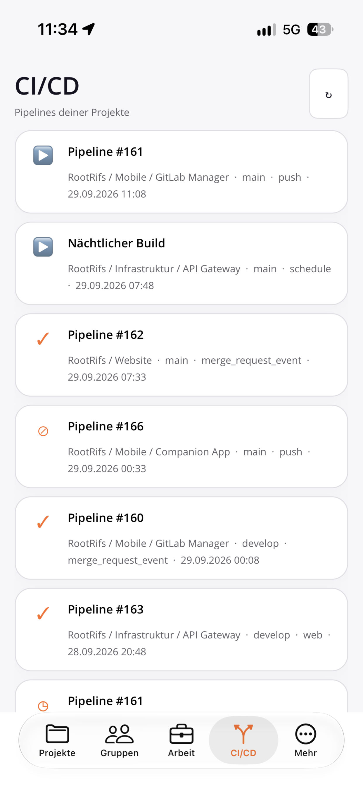 Pipeline-Übersicht auf dem Smartphone